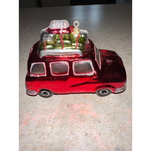 Santa Clause in Red Station Wagon Glass Handblown Ornament - Picture 3 of 10